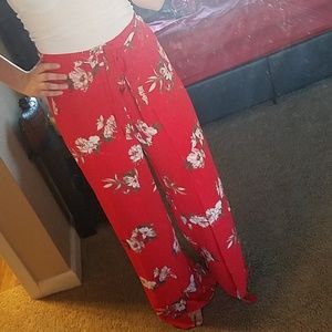 Red floral flowy pants